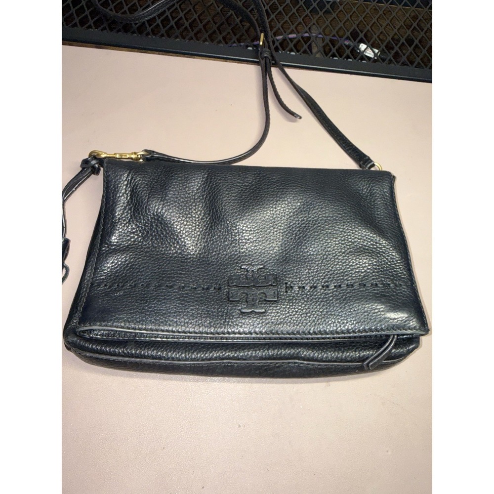 Vintage Tory‎ Burch McGraw Fold-Over Black Pebbled Leather Crossbody Tassel Bag - Picture 4 of 16